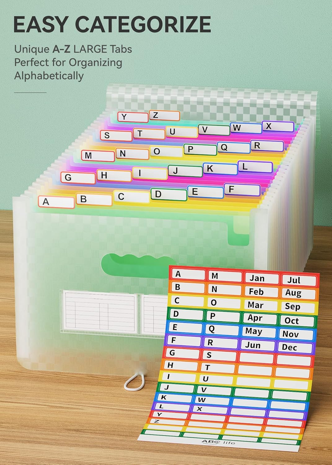 ABC life 26 Pockets Accordian File Folder Organizer Letter Size Expanding File Folder, A4 Portable Document Paper School Organizer, Expandable Multicolor Accordion Filing Folders with Labels(Green)