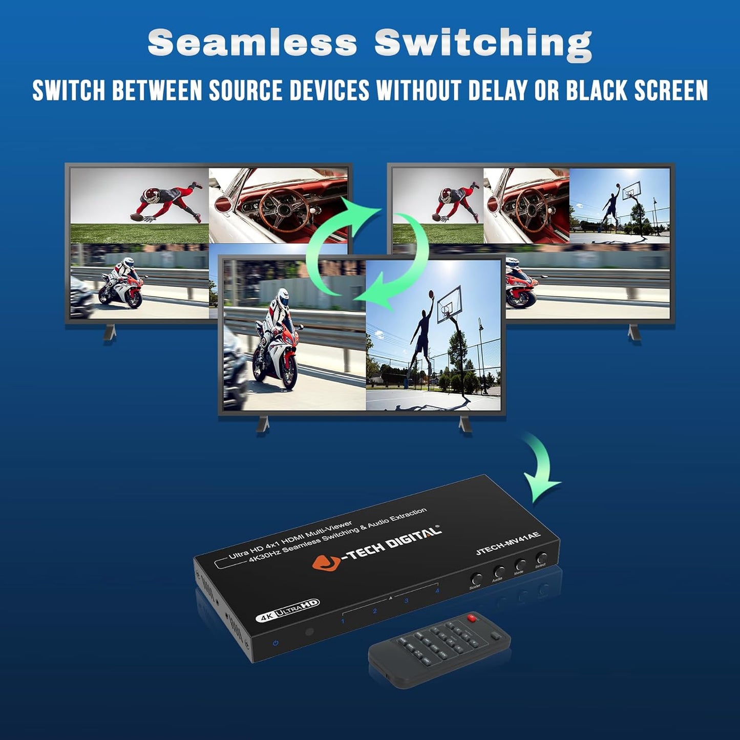 J-Tech Digital 4K HDMI Multiviewer Switch 4 in 1 Out, 4x1 4K 30Hz HDMI Quad Multiviewer Seamless Switcher with PiP, 6 Viewing Modes, Audio Extraction via Optical 3.5mm (JTECH-MV41AE)