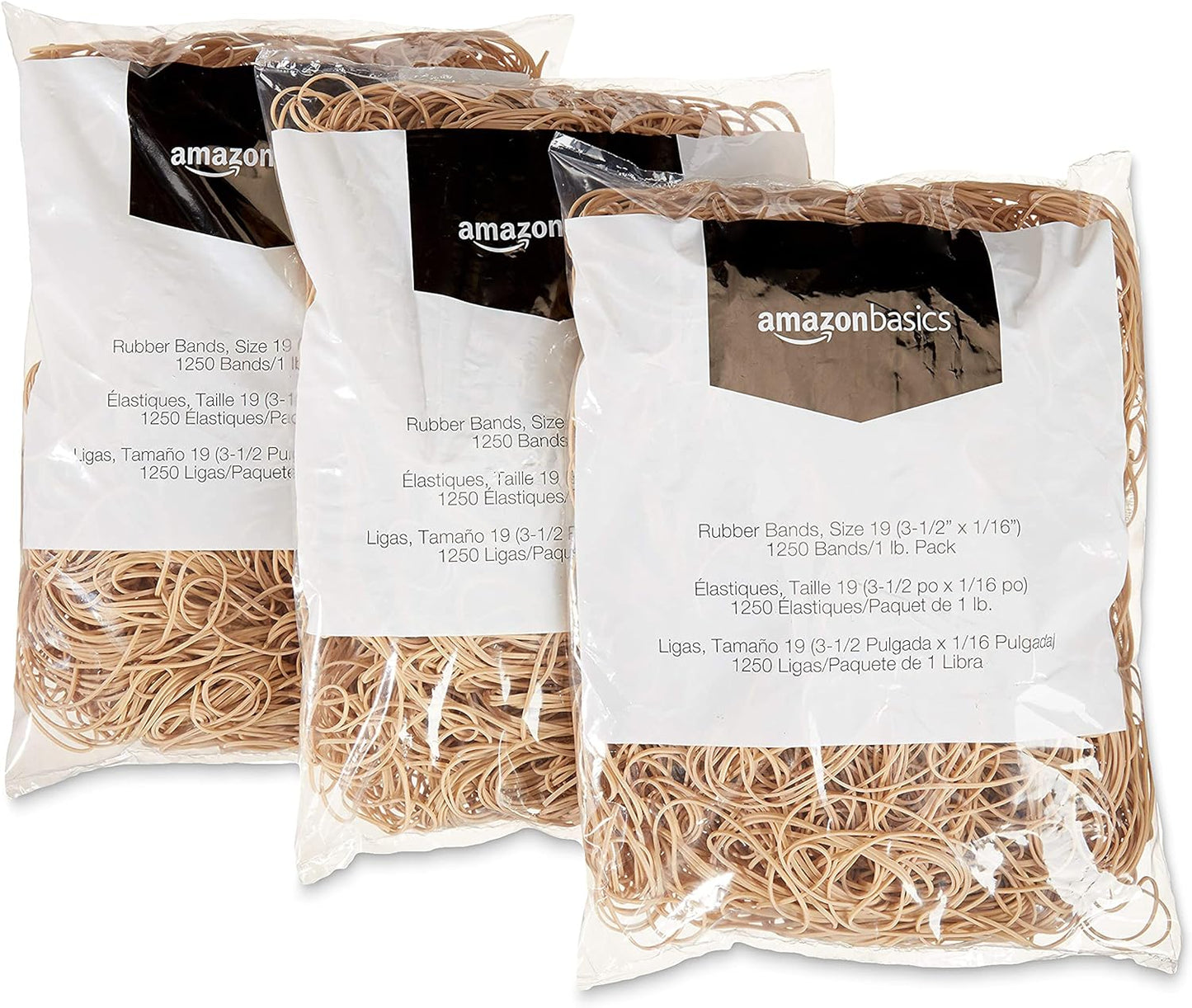 Amazon Basics Rubber Bands, Size 19 (3-1/2 x 1/16 Inch), 1250 Bands/1 lb. Pack, 3-Pack, Tan