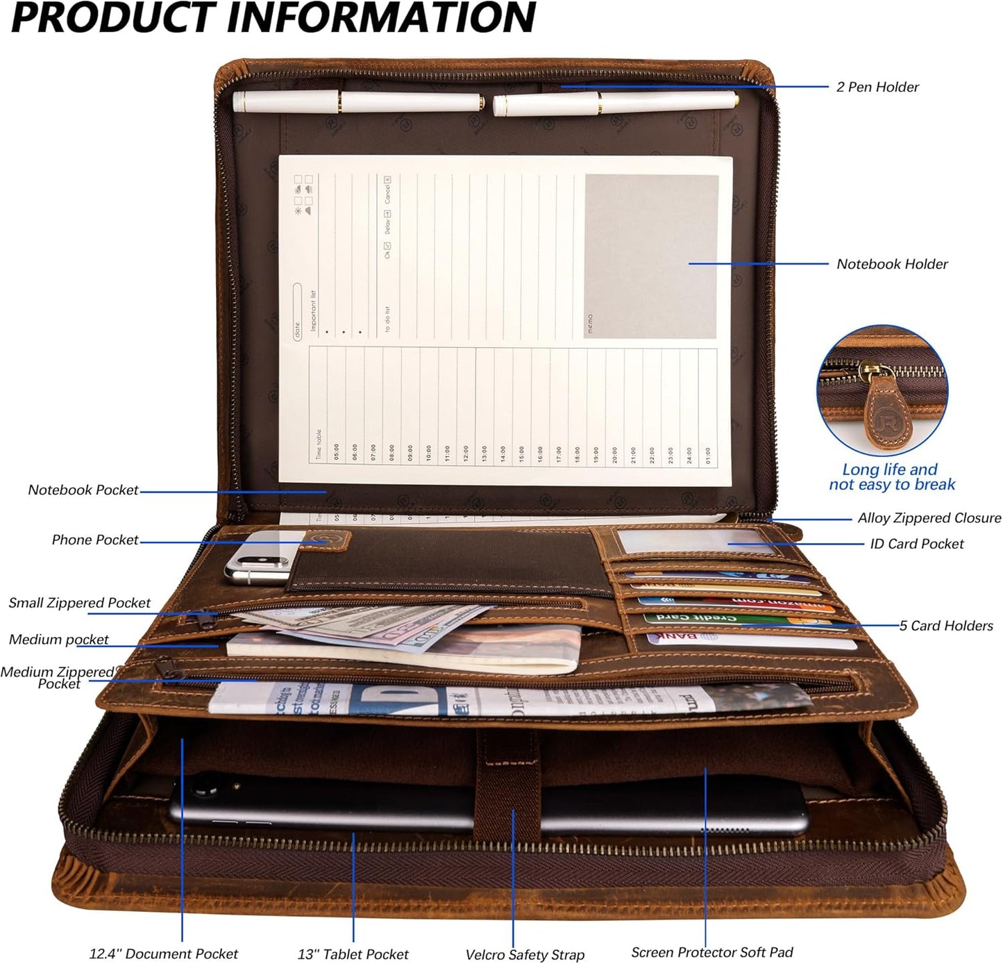 Full Grain Leather Portfolio Padfolio with Zipper, Professional Business Organizer for Men Women, Executive Resume Folder with A4 Notepad Holder, Card Slots, Pen Loop, 10x13'', Luxury Gift Set