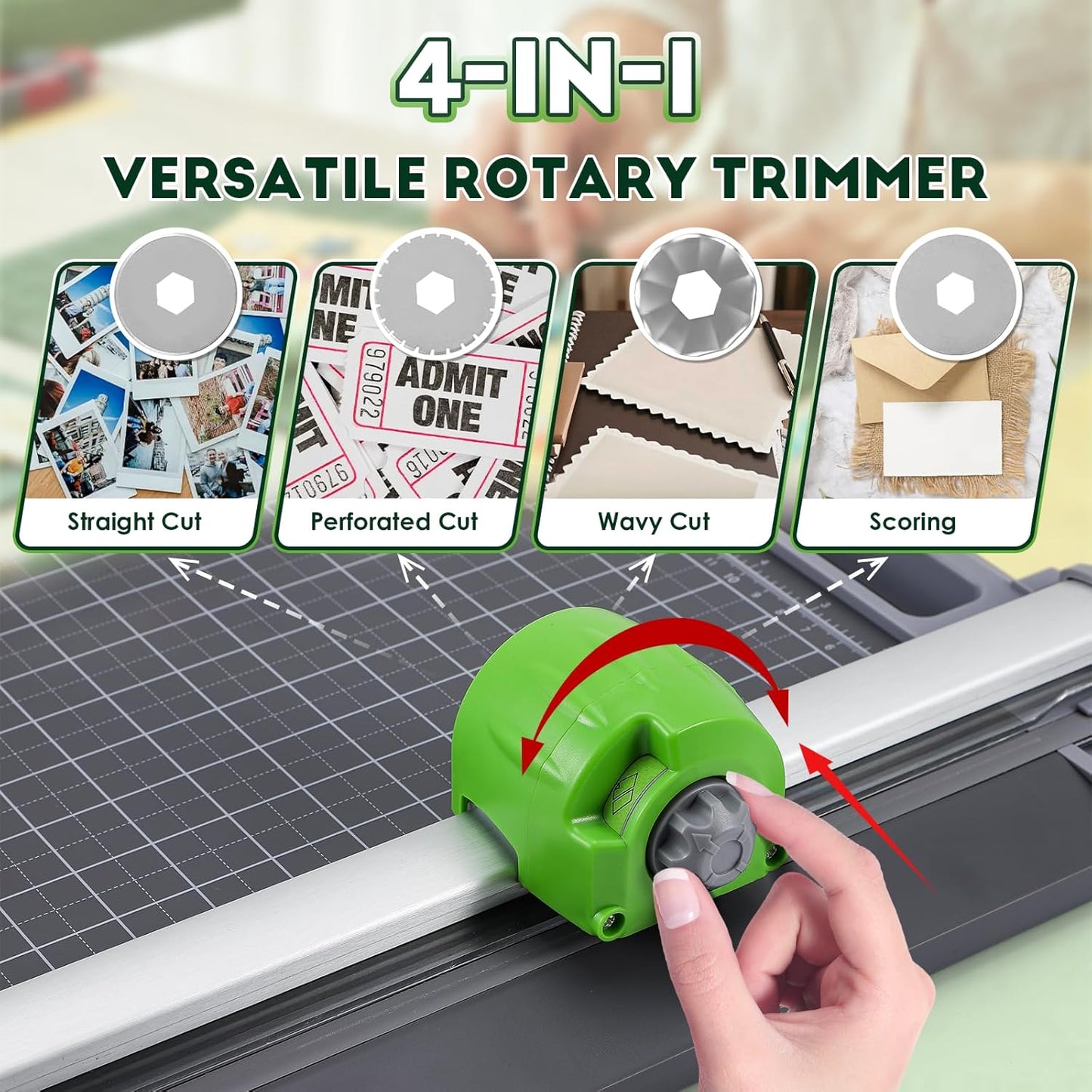CGOLDENWALL 4-in-1 A4 Rotary Paper Cutter with 4 Blades, for Craft DIY, 12 Sheets, Straight/Perforated/Wavy/Creasing Line, 12.6" Cutting Length, for Photos Tickets Invitations Cards