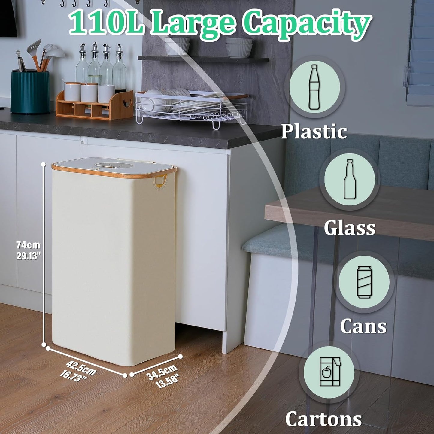 29 Gallons Recycling Bins for Kitchen, Indoor Recycle Bins with Lid, 110L Large Recycle bin with 2 Removeable Reusable Inner Bags, for Bottles Cans Glass Plastice Cartons(Beige)