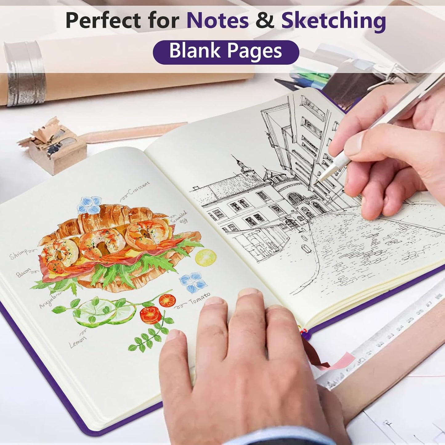 Blank Journal Ntebook for Men & Women, 160 Pages Blank Journals for Writing, Drawing,Sketch Book,5.9" x 8.5" Leather Sketchbook, Unlined Notebook for Work, School, Art - Purple