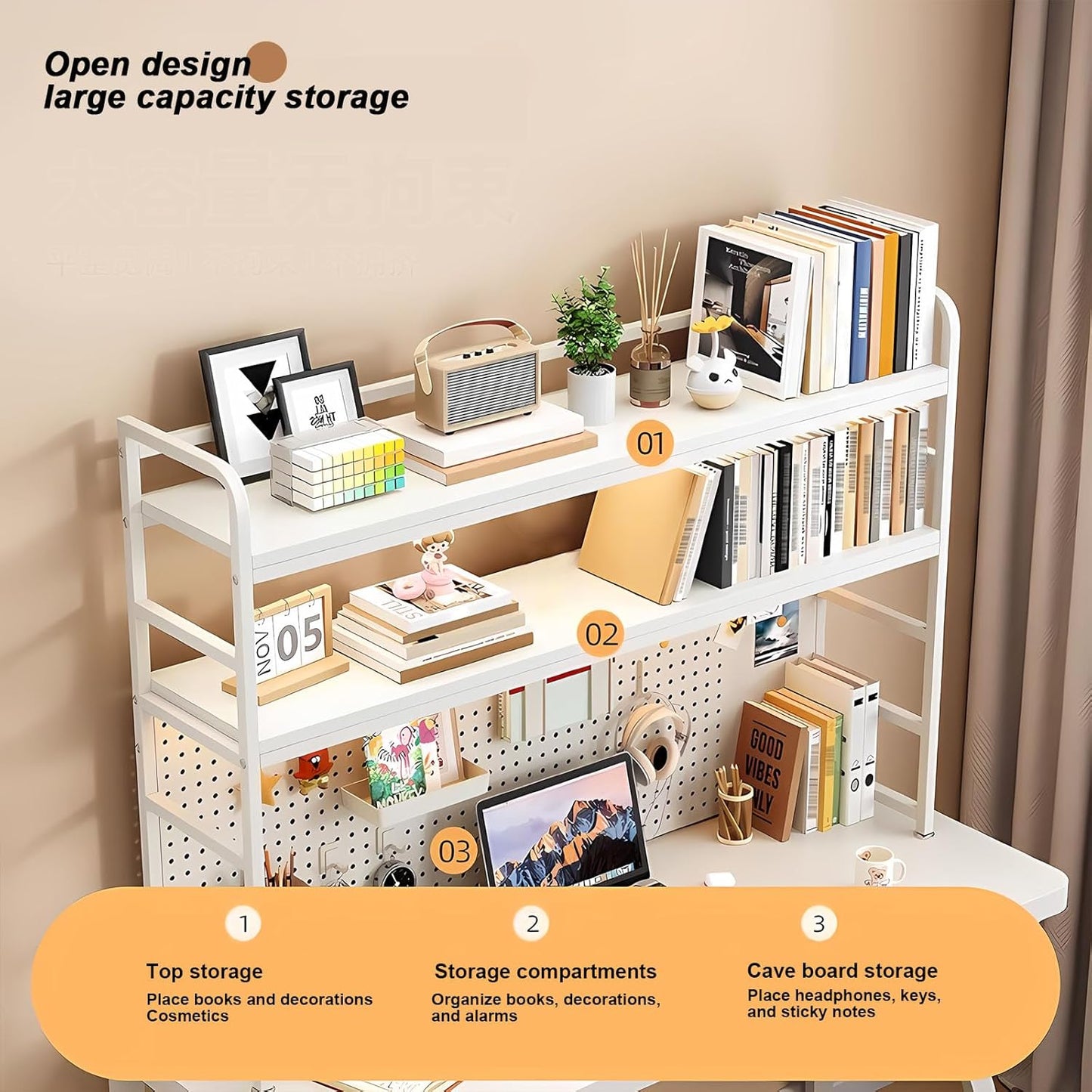 Desk Hutch Shelf Dorm 2 Tier Countertop Desktop Bookshelf With Pegboard,metal /MDF Desk Top Bookcase for Computer desk, Desk Storage Organizer Rack for Office Home Dormitory (black, 110cm/43.3in)