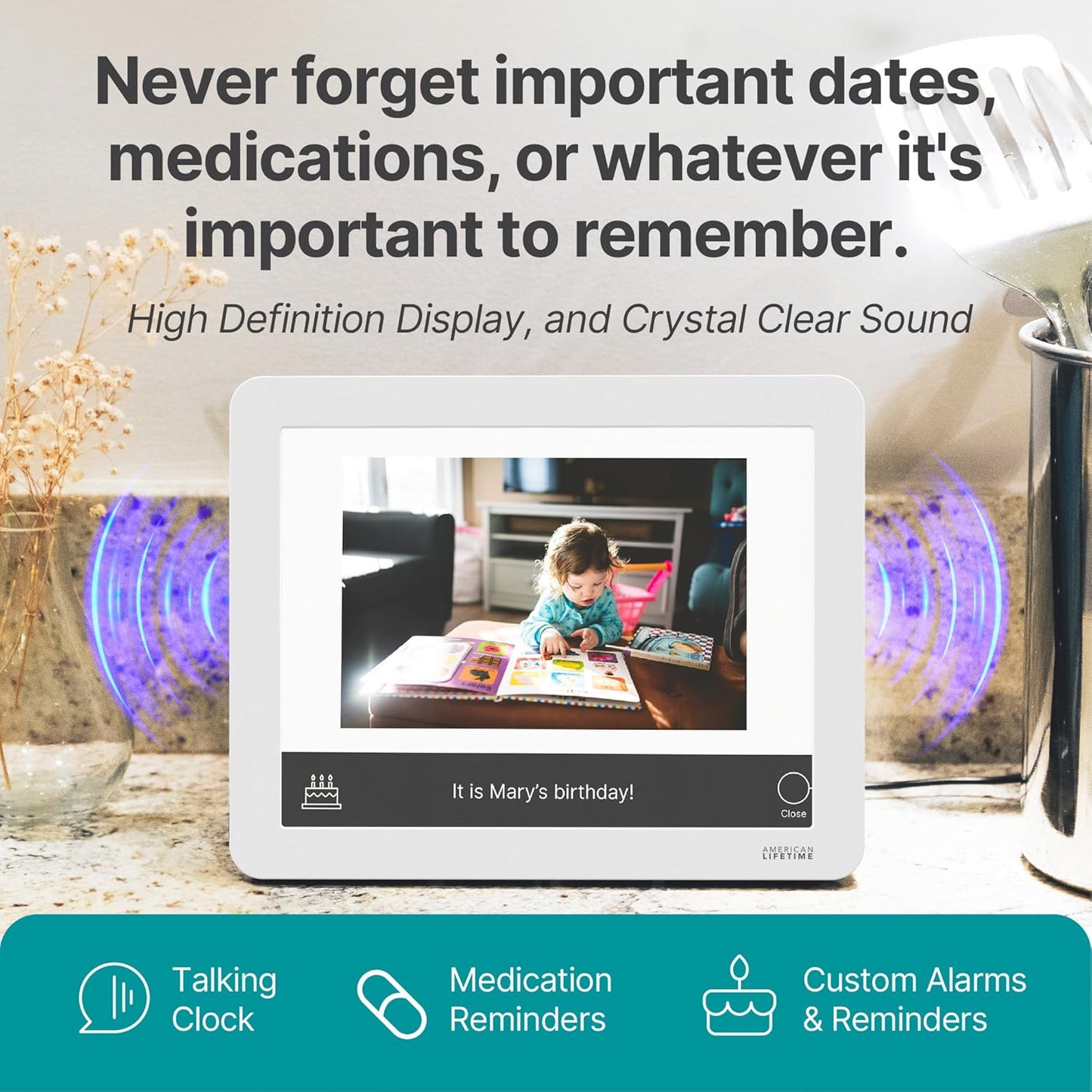 American Lifetime New 2025 Dementia Clock Large Digital Clock for Seniors, Alzeimer Clock Large Display with Custom Alarms, Clock with Day & Date for Elderly, Digital Calendar Premium White Pro