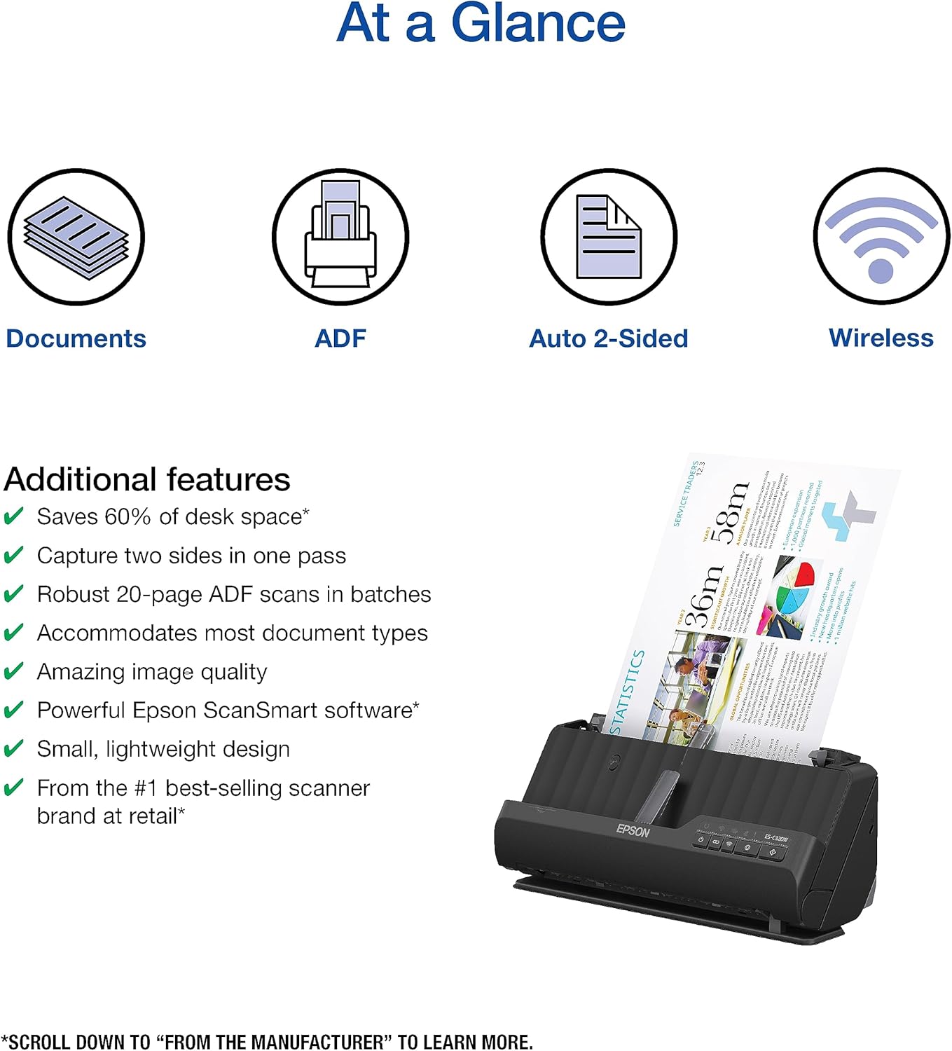 Epson - Workforce ES-C320W - Wireless Compact Desktop Document Scanner - 2-Sided Scanning and Auto Document Feeder - Paper and Card Scanner - Black