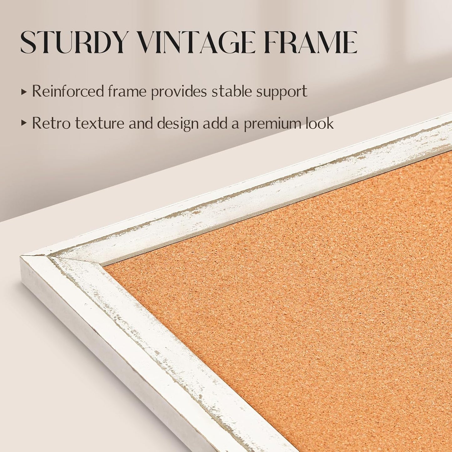 Cork Board Bulletin Board, 30" x 20" Rustic White Wooden Frame Corkboard for Wall, Hanging Vision Board, Pin Board for Home Room Dorm Office Decor