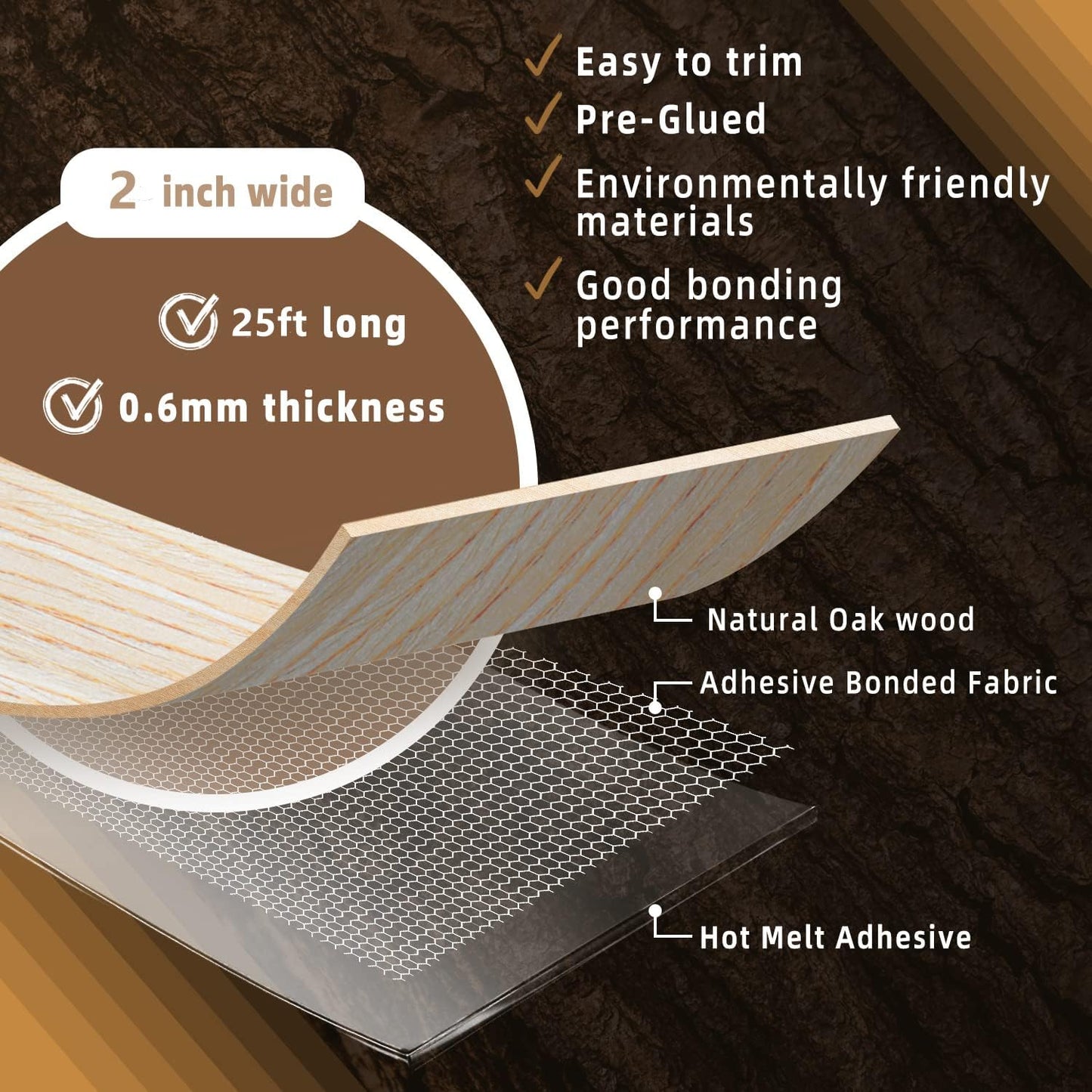 GSCIT Club Oak Edge Banding, 2 inch x 25ft roll of Veneer Edge Banding Preglued Flexible, Real Wood Tape Banding