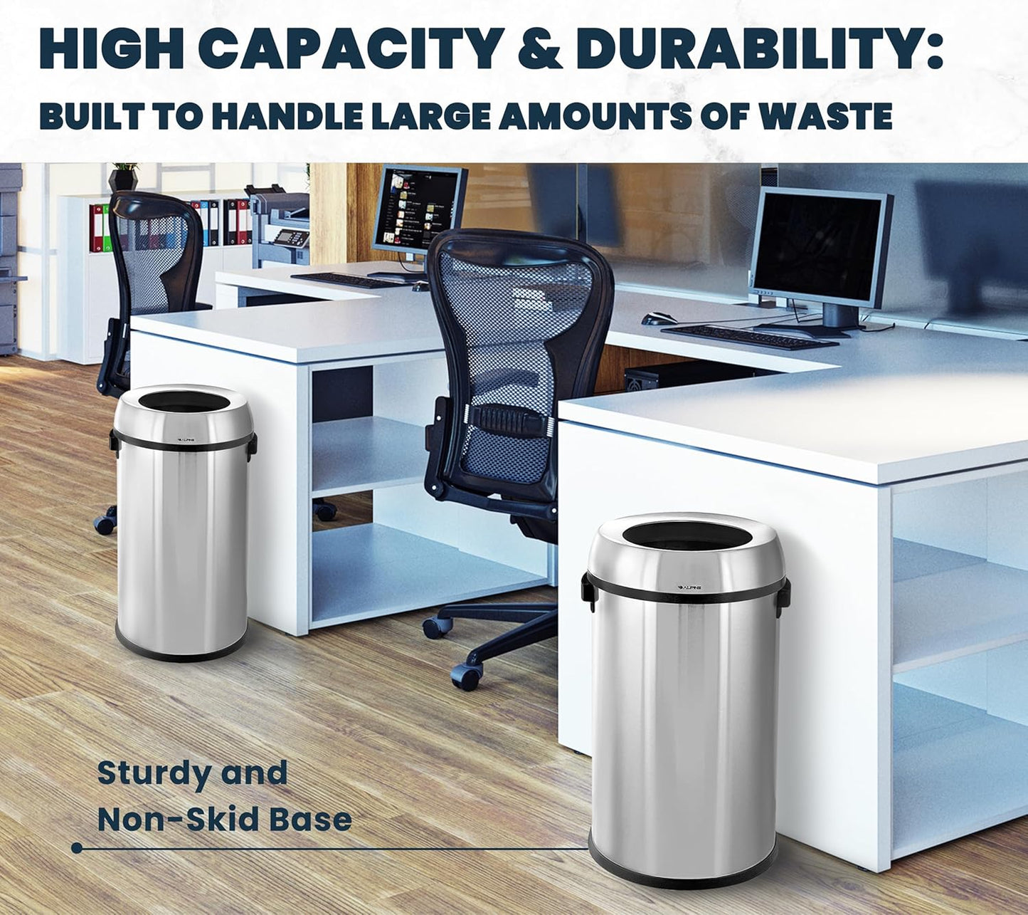 Alpine 17 Gallon Stainless Steel Open Top Trash Can – Commercial-Grade, Corrosion-Resistant, Brushed Finish, Large Capacity Garbage Bin for Home, Office, Restaurant & High-Traffic Areas.