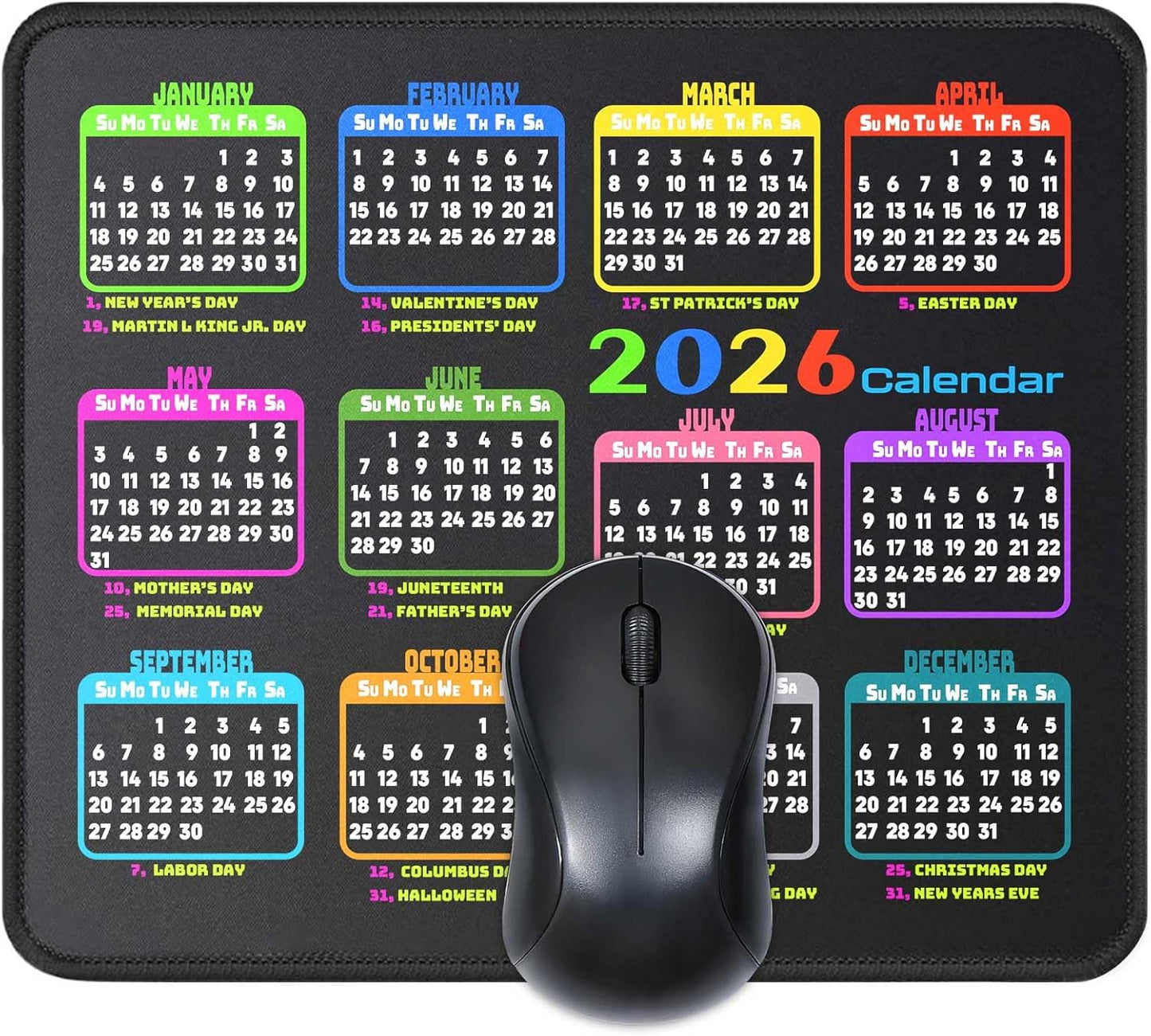 Calendar Mouse Pad 9.5 X 7.8 in, Mouse Pads with Stitched Edges and Non-Slip Rubber Base, Home Office Desk Decor Accessories for Computer Laptop Work Gaming (Black 2026 with Holidays)