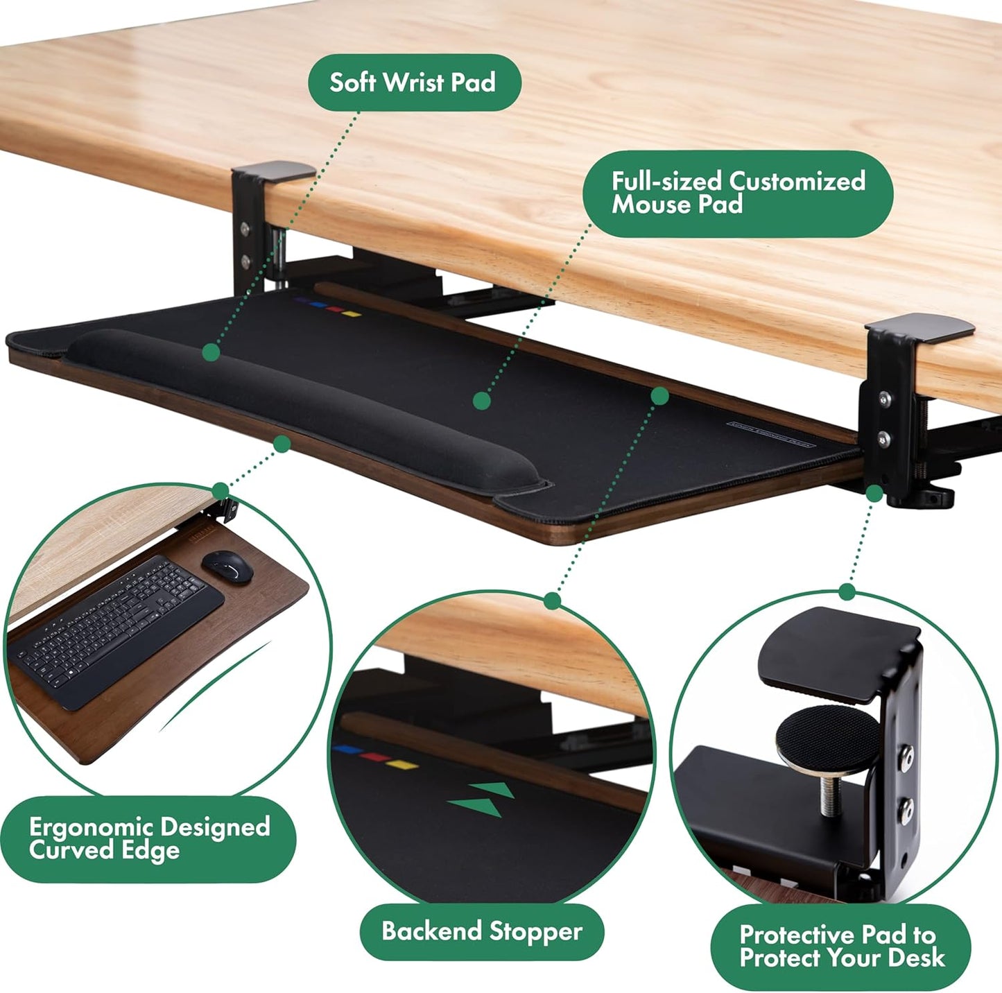 D'vine Dev Under Desk Keyboard Tray with Wrist Rest Bamboo Wood Keyboard Drawer with Full Size Mouse Pad, Walnut Color, KBT-2