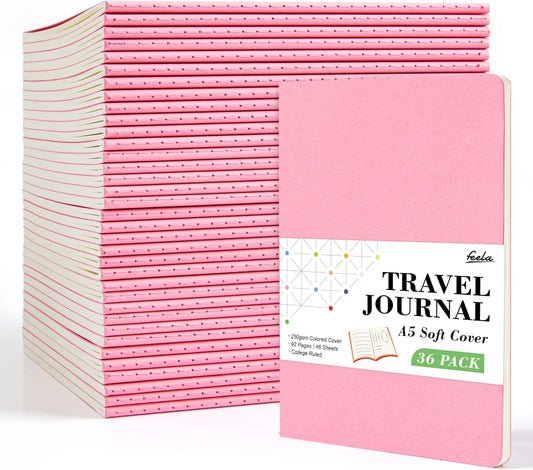 feela 36 Pack Soft Cover Journal Bulk, Lined Blank Travel Journal for Women Men Writing, Notebooks College Ruled for Work, Note Taking Notebook School Business Supplies, 8.2” x 5.5”, A5, Pink