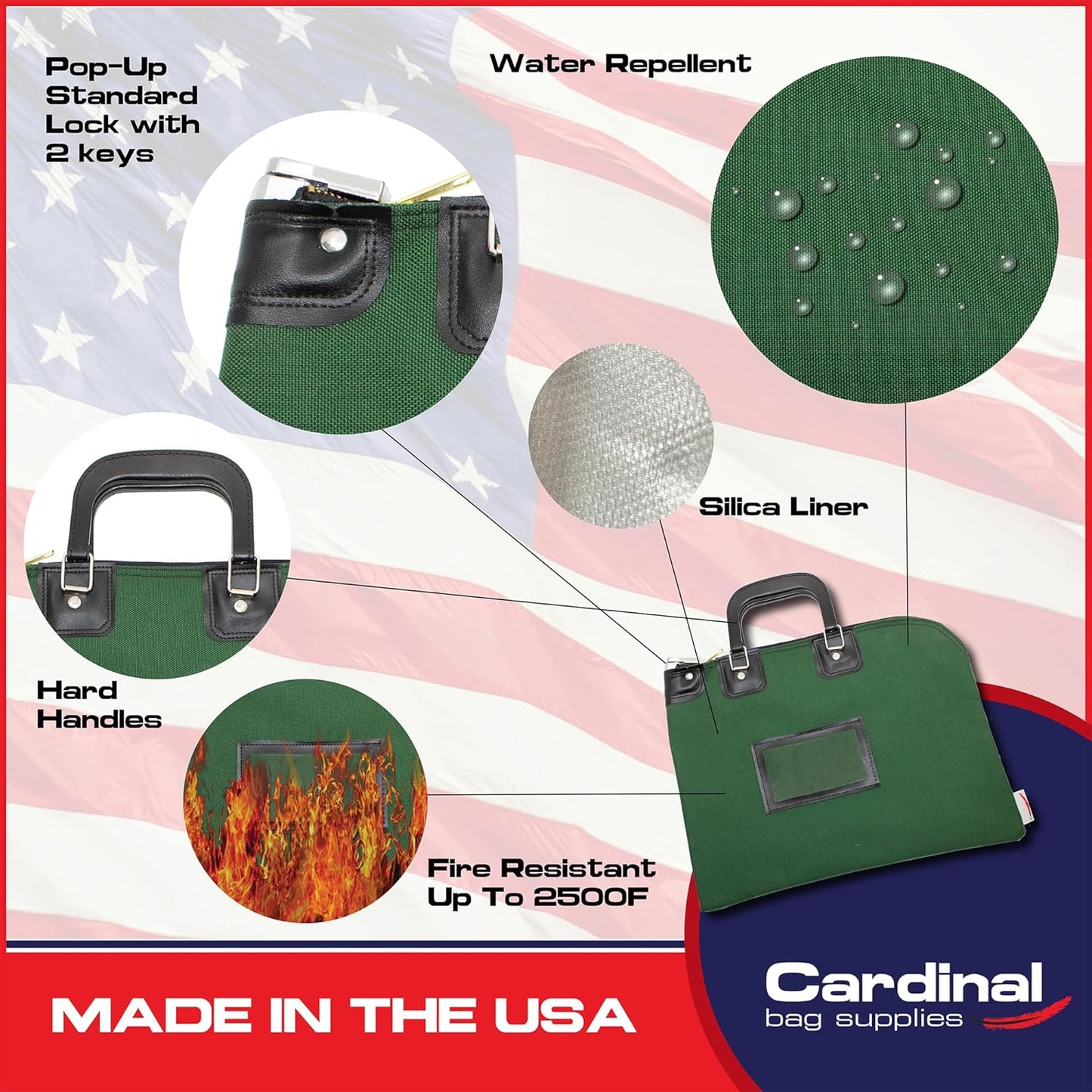 Fire Resistant Security Money Bag with Lock, Water Repellent, Safe Storage, Protects Important Valuables, 15 x 11 Inch (Forest Green)