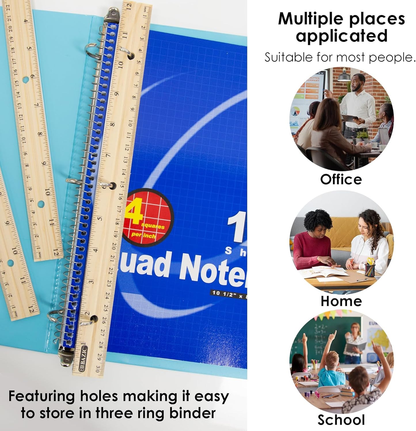 BAZIC Wooden Ruler 12" (30cm), Singel Metal Edge, Inches Centimeter Metric Measuring Drafting Rulers, for Students School Supplies (3/Pack), 1-Pack