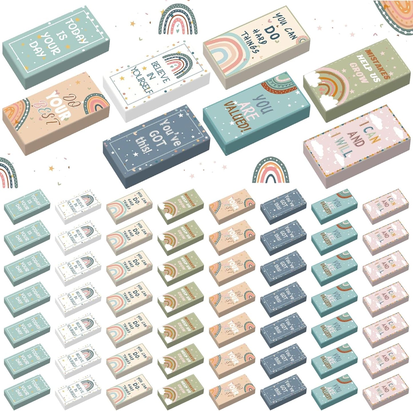 200 Pcs Back to School Inspirational Erasers Bulk Gifts Boho Everyone is Welcome Classroom Decor Fun Rainbow Motivational Pencil Erasers for Classroom Office Teacher Artists Prize Reward