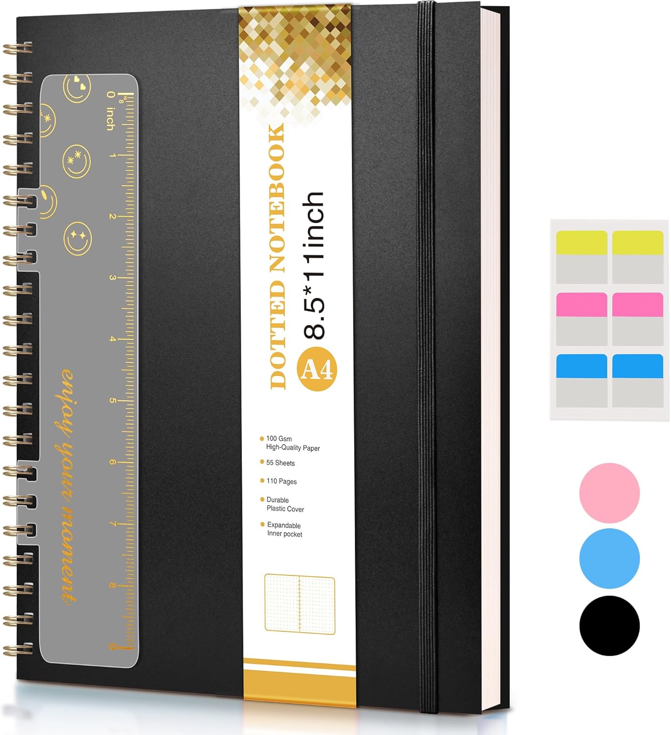 Dotted Notebook, Spiral Notebook Journal 8.5” x 11”, A4 Large Dot Grid Notebooks for Women Men, 100 GSM Dotted Paper, Plastic Hardcover Spiral Bullet Journals for Work School Sketching, Black