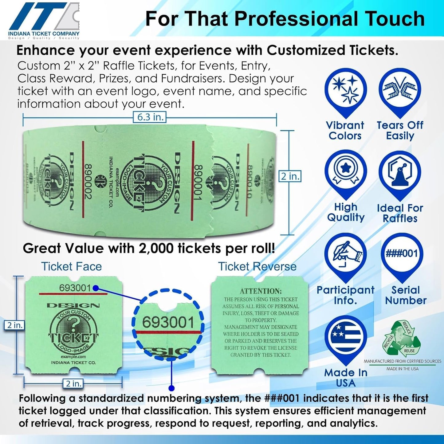 Custom 2” x 2” Billboard Single Roll Ticket, Design Your Roll Tickets with Event Logos, Classroom Rewards, Fundraisers, Door Entry, Raffles, Prizes, Drink/Food Tickets, & More (8 Color Selection)