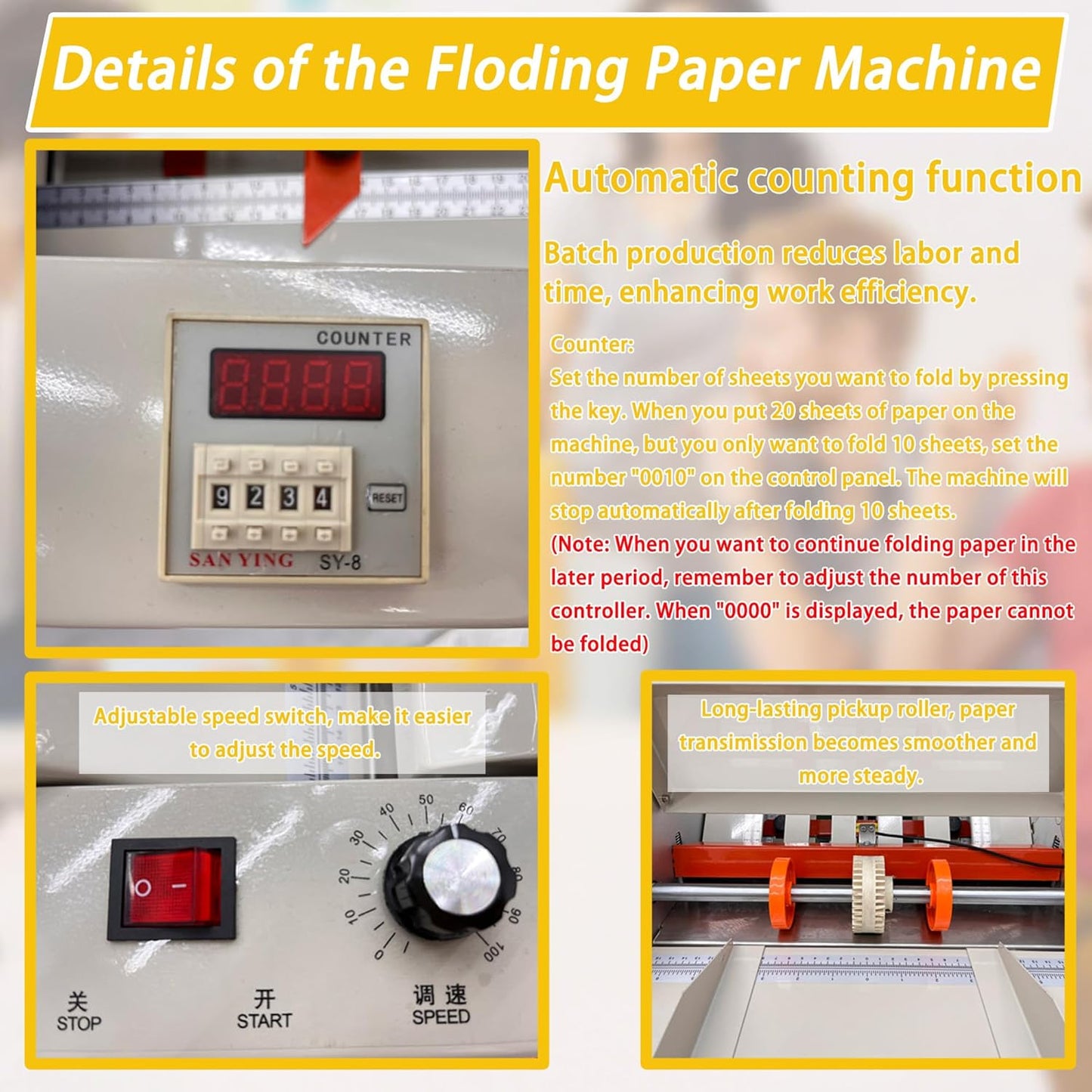 Automatic Paper Folding Machine 110V Commercial Desktop Paper Folder Cross Fold & Stepless Speed Control with Digital Sheet Counter Rubber Feed Roller for Business Letters Manuals Documents