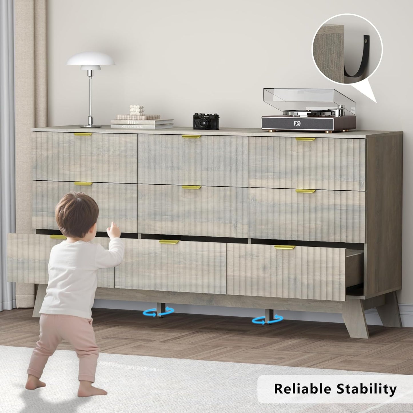 Fluted 9 Drawer Dresser, 57.1" Wide Modern Boho Chest of Drawers, Wooden Storage Dresser TV Stand for Bedroom, Living Room, Closet, Hallway, Curved Profile Design