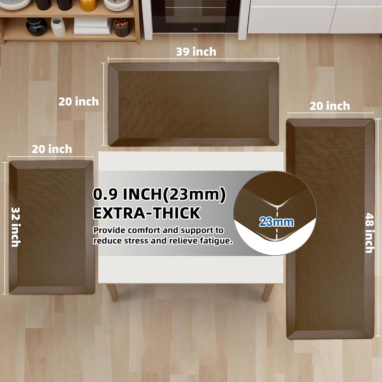 Anti Fatigue Kitchen Mats for Floor, Brown 9/10 Extra Thick Cushioned Standing Desk Mat, Comfort Memory Foam Ergonomic Kitchen Rugs and Mats Non-Slip Waterproof for Office, Kitchen, Sink, 20" x 48"