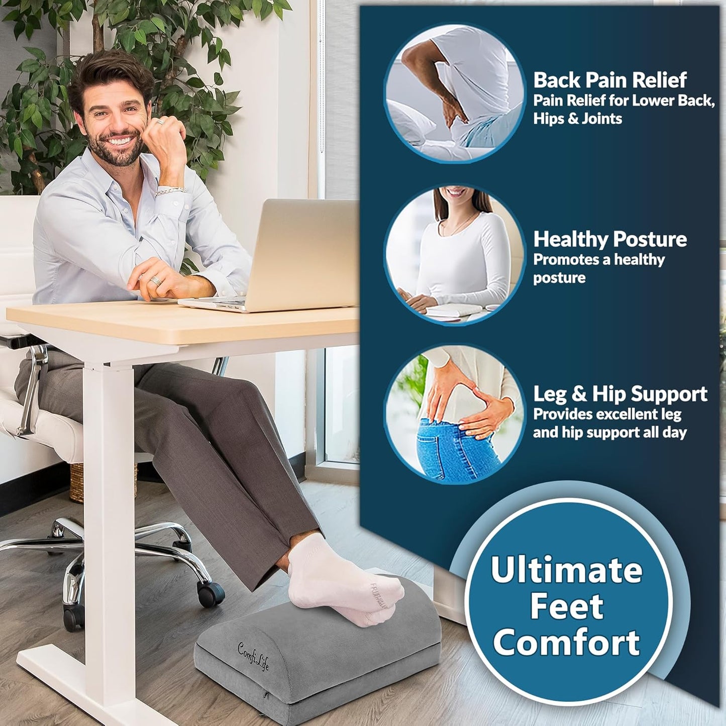 ComfiLife Foot Rest for Under Desk at Work – Adjustable Desk FootRest for Office Chair, Gaming Accessories – Ergonomic Teardrop Design for Back, Hip & Leg Pain Relief – 100% Memory Foam (Gray)