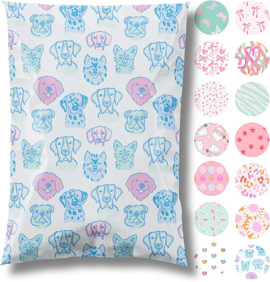 6x9 Designer Poly Mailer 100 Pack Heavy Duty Waterproof Self Seal Shipping Bags for Small Business Large Mailing Envelopes Bulk Tear Resistant Packaging Pretty Pups Puppy Dogs