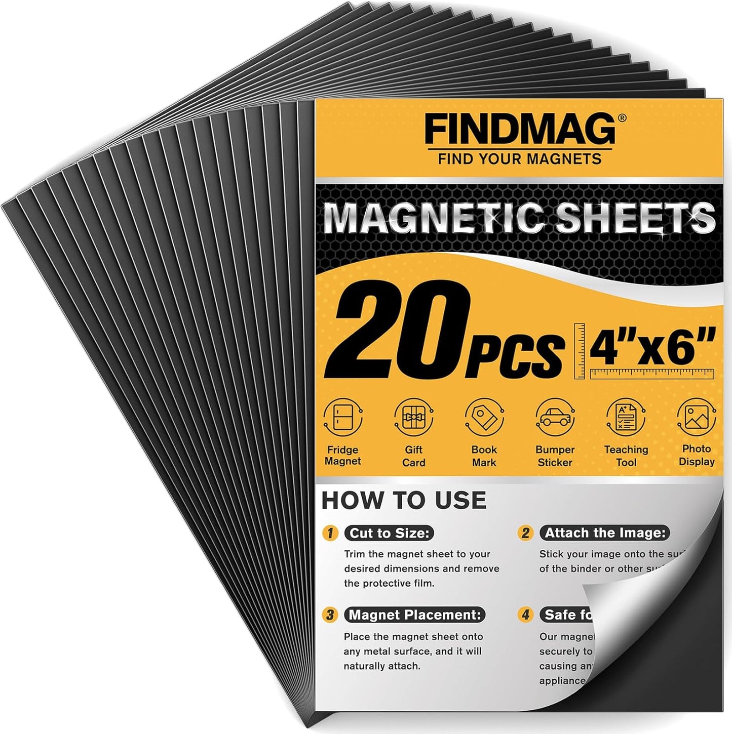 FINDMAG Magnetic Tape, 20PCS Magnetic Sheets, Flexible Magnet Sheet with Adhesive Backing, Magnet Stickers for Crafts, Board, Photos, 4x6 Inch