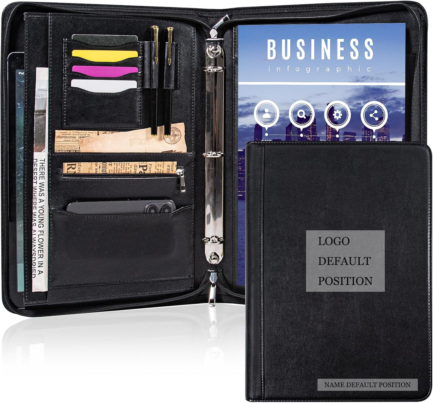 Calfinder Personalized Padfolios Portfolio Binder,3 Ring Leather Binder with Zipper,Professional Padfolios for Women&Men, Business Portfolio Organizer for Resume, Leather Folder for Ipad