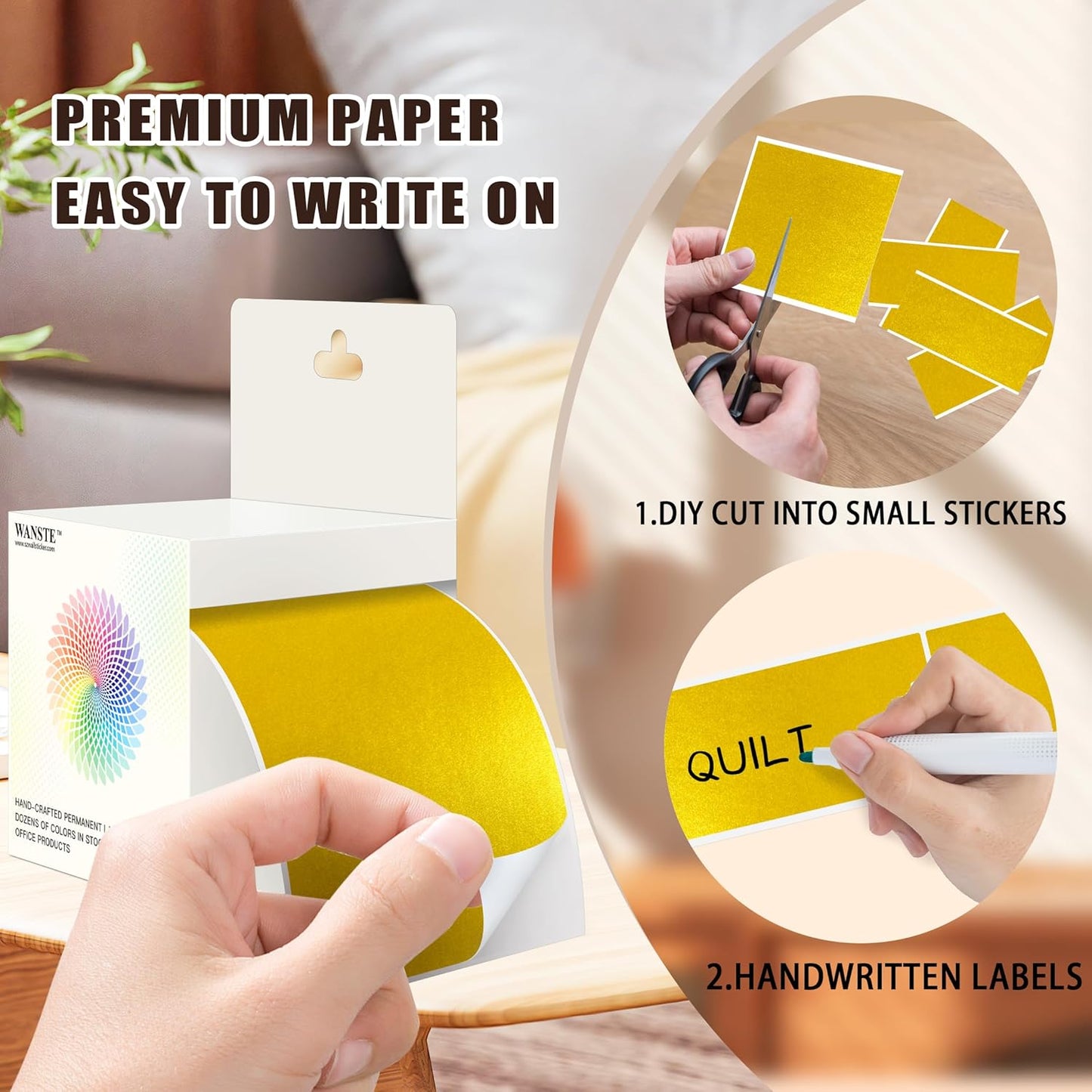 3 x 5 Inch 250Pcs Rectangle Color Coding Stickers,Strong Adhesion Easy to Write Label for Moving,Box Organization,Inventory,Business,Gold