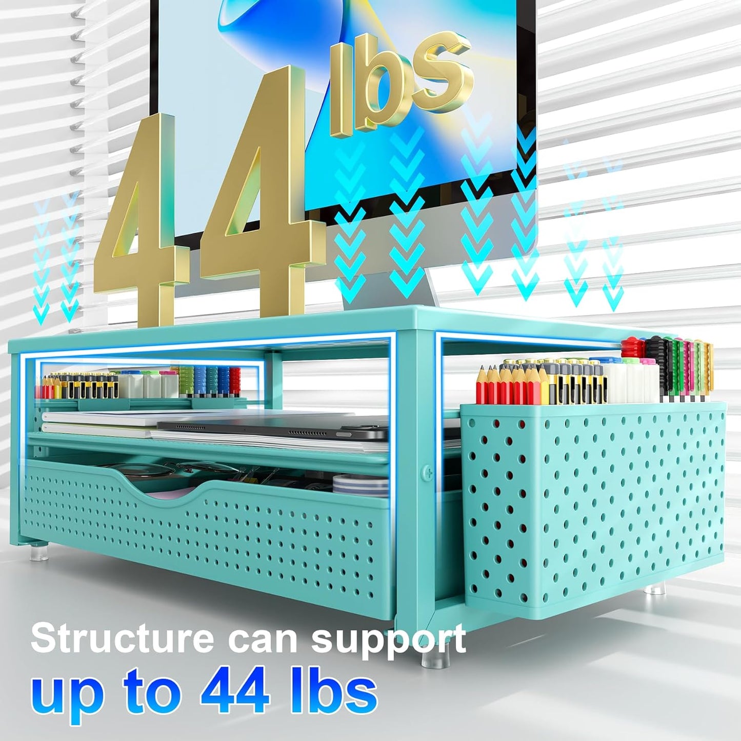 gianotter Desk Organizers and Accessories, Monitor Stand with Drawer and 2 Pen Holder, Desktop Organizer Suitable for Offices and Dormitories (Blue)