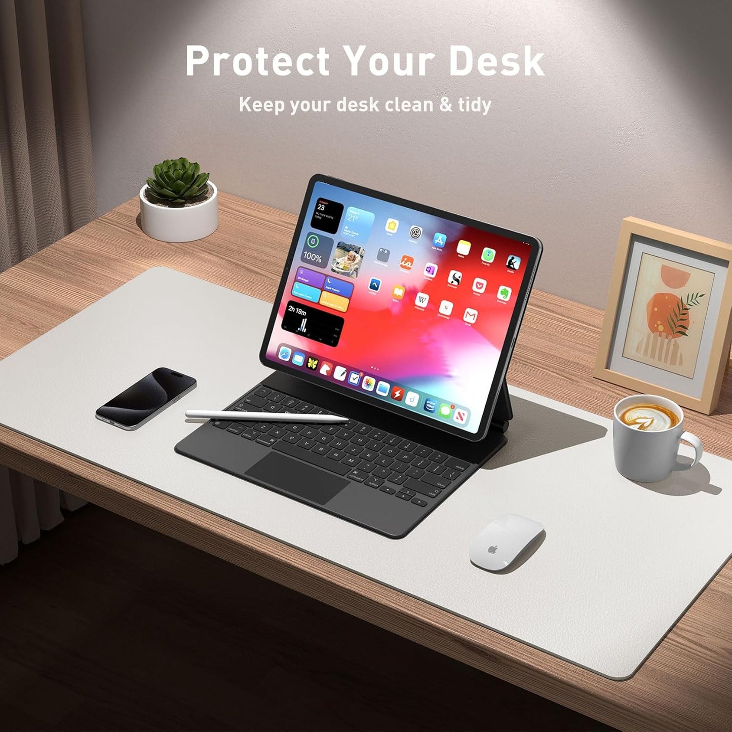 Aothia Leather Desk Pad Protector, Mouse Pad, Office Desk Mat, Non-Slip PU Leather Desk Blotter, Laptop Desk Pad, Waterproof Desk Writing Pad for Office and Home (Off-White,31.5" x 15.7")