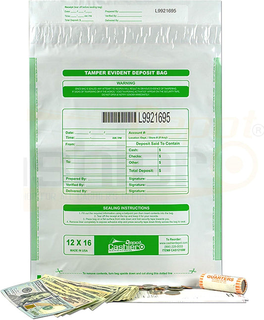 500 Cashier Depot Tamper Evident Bank Deposit Bags, 12" x 16" White/Opaque, Serialized Numbering, Barcode, Press & Seal Void Closure Tape (500 Bags)