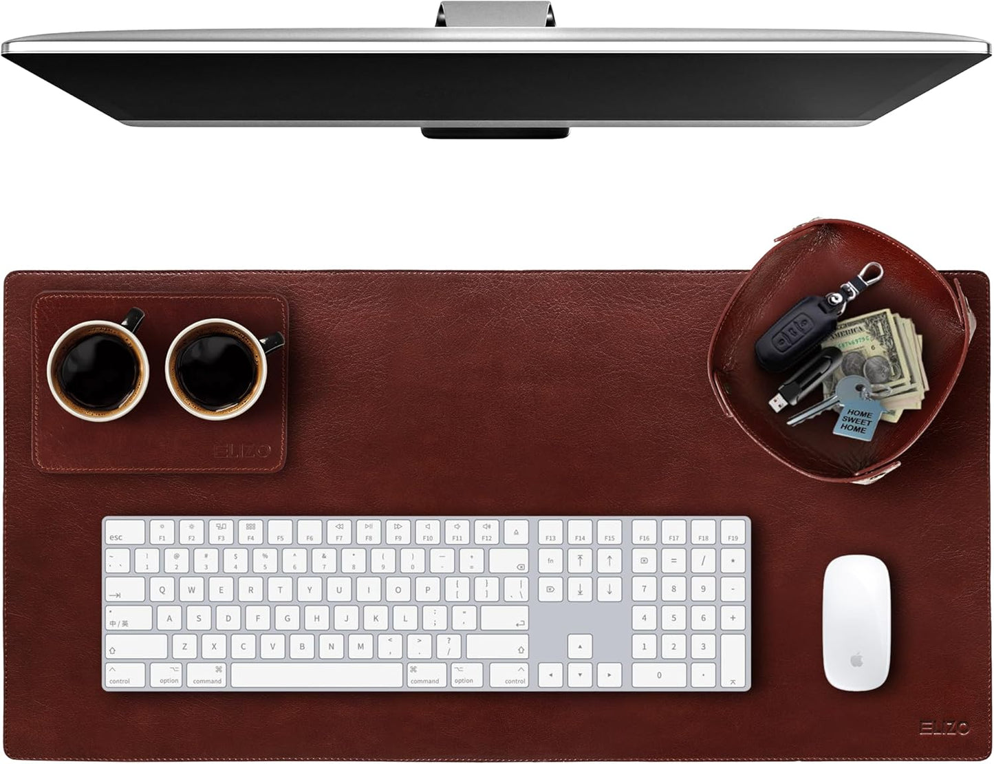 Elizo Leather Desk Mat Desk Pad Blotter Set - Real Full-Grain Leather (32x16) 2-Layer Genuine Desk Cover Protector & Large Mouse Pad | Computer Keyboard Desk Accessories for Office & Home