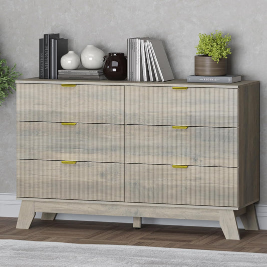 Fluted 6 Drawer Dresser, 47.2" Wide Modern Boho Chest of Drawers, Wooden Storage Dresser TV Stand for Bedroom, Living Room, Closet, Hallway, Curved Profile Design