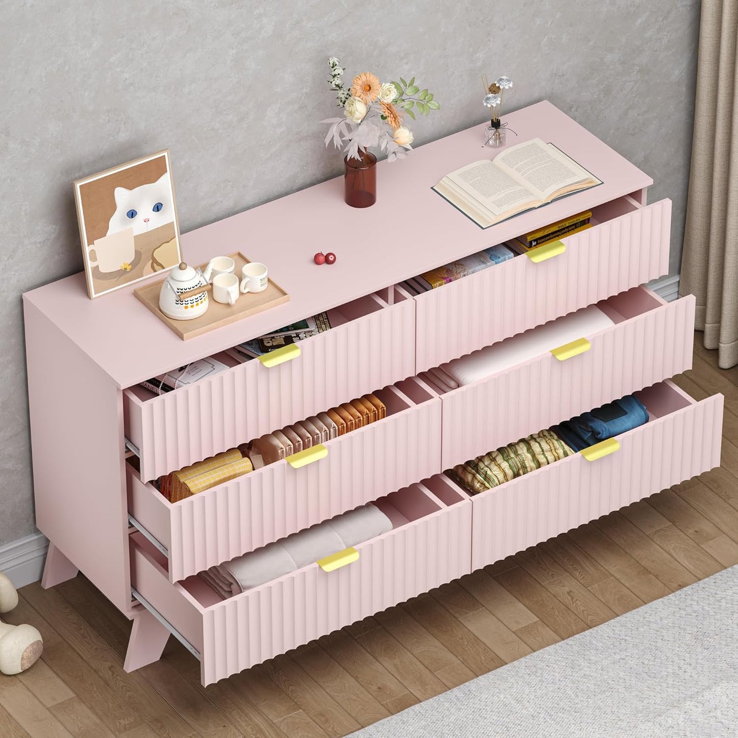 Fluted 6 Drawer Dresser, 47.2" Wide Modern Boho Chest of Drawers, Wooden Storage Dresser TV Stand for Bedroom, Living Room, Closet, Hallway, Curved Profile Design