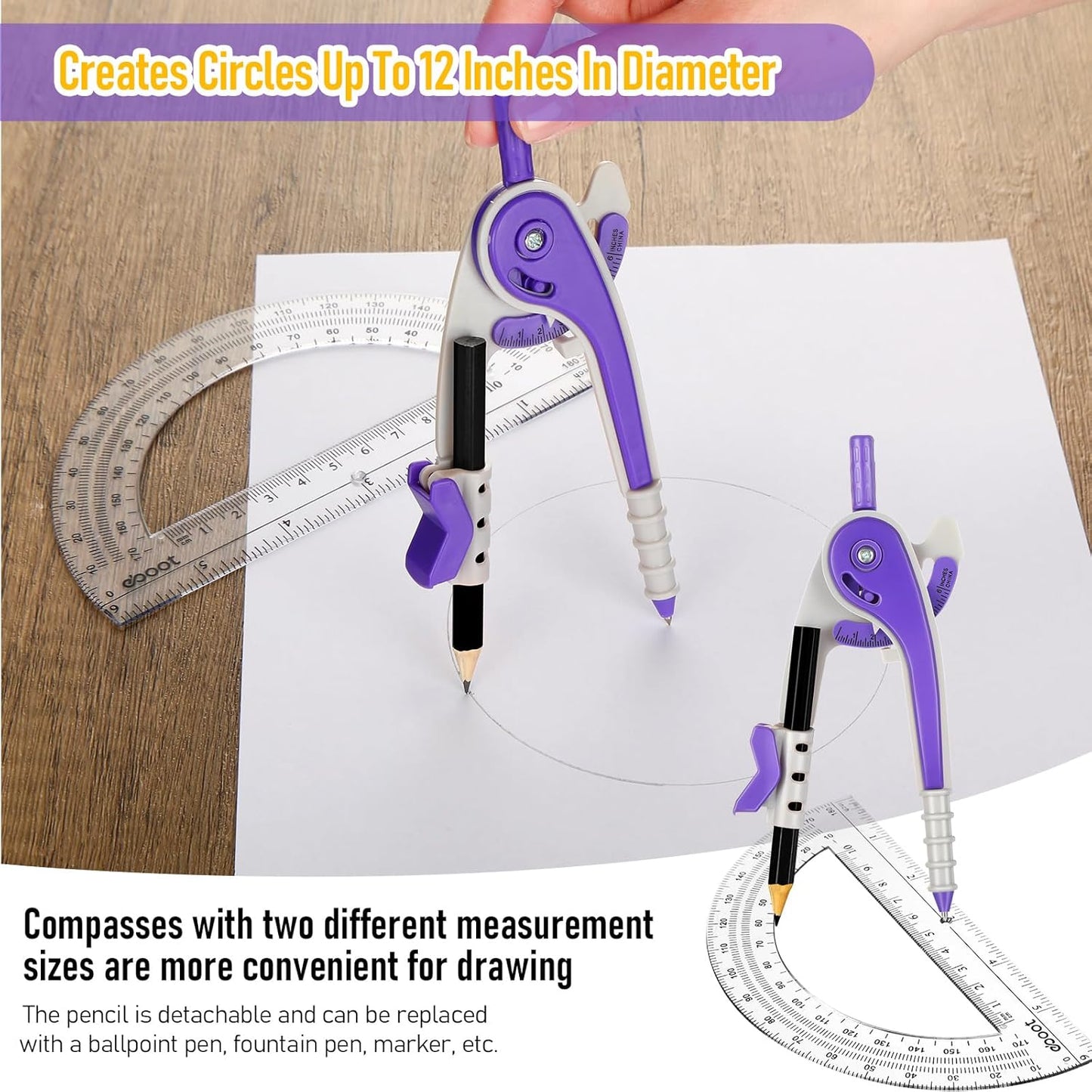 EBOOT Student Geometry Math Set, Drawing Compass and 6 Inch Clear Swing Arm Protractors 180 Degree Math Protractor (Purple)