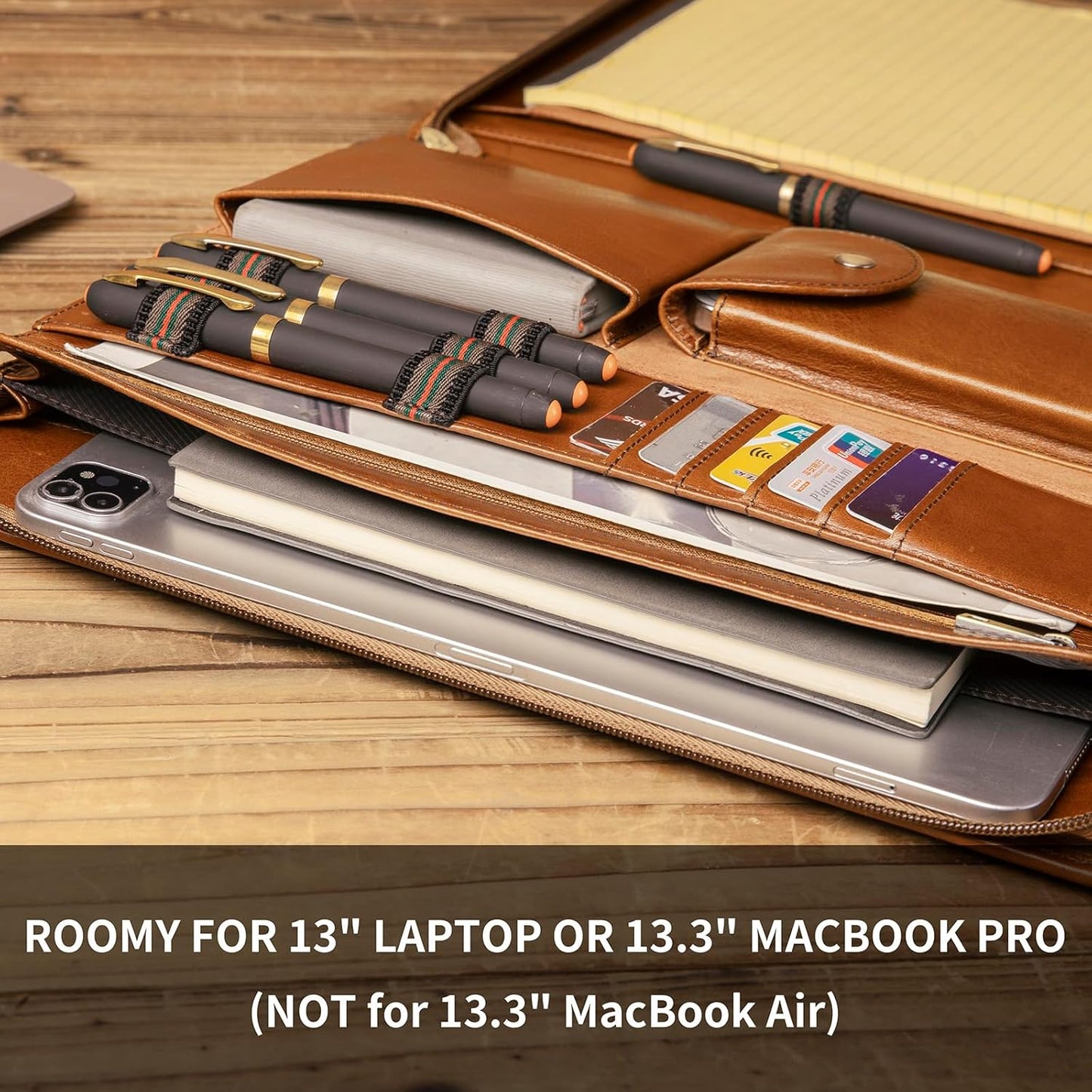 Genuine Leather Portfolio with Front Pocket for Men and Women, Zippered Padfolio Binder 8.5 x 11 Legal Pad Notebook Holder, Fits 13” Laptop, Professional Work File Case, Brown, Oil Tanned