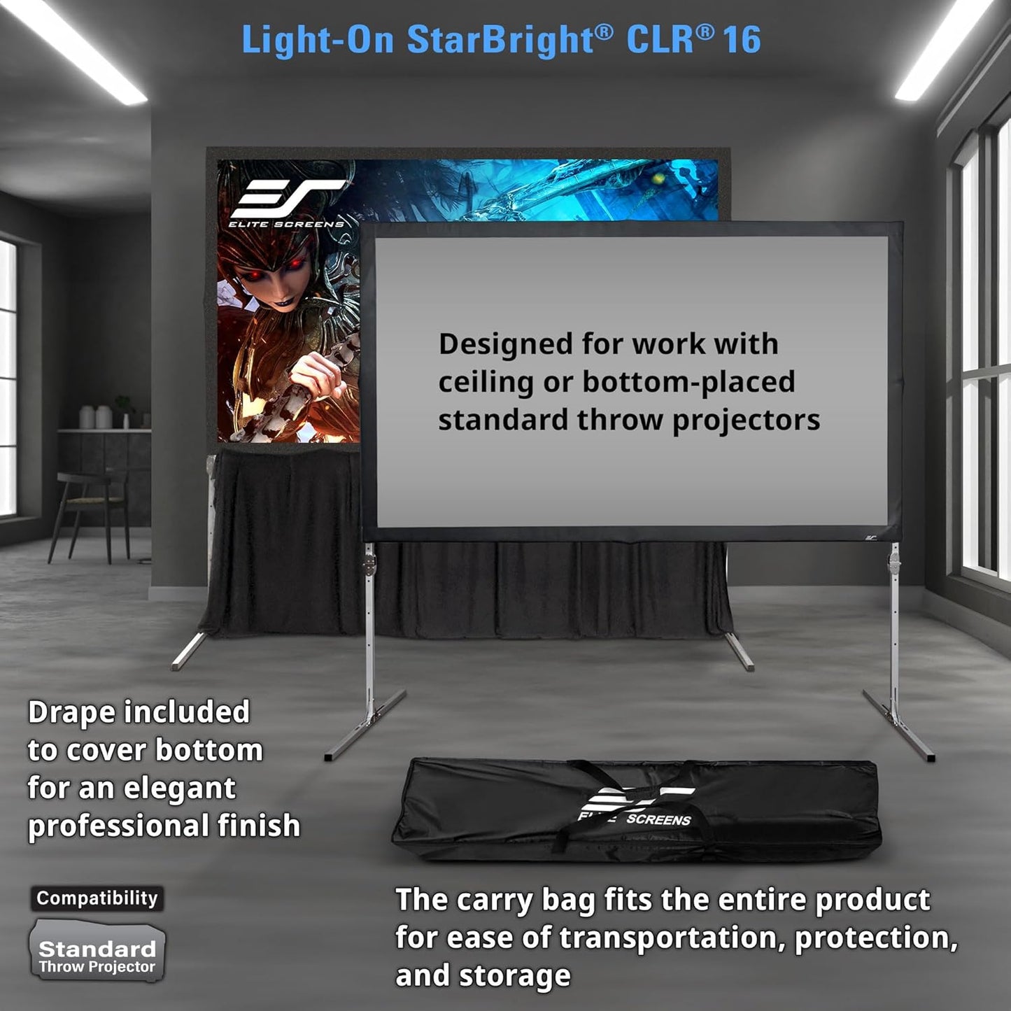 Elite Screens 122" Portable Projector Screen with Stand, Folding Frame, ALR/CLR Ceiling Light Rejecting, Indoor Use, LPS123H-SBCLR16