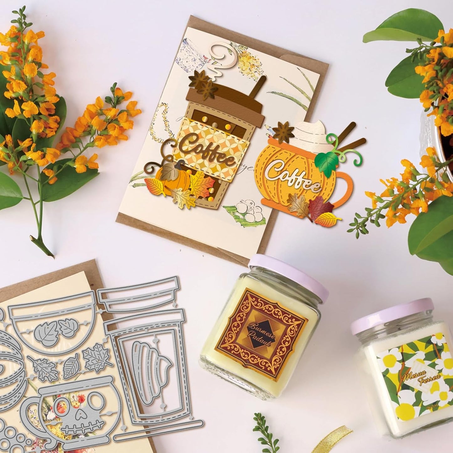 GLOBLELAND Halloween Pumpkin Coffee Cup Cutting Dies for Card Making Cat Ghost Bat Cut Die for DIY Scrapbooking Journal Embossing Paper Craft Decor