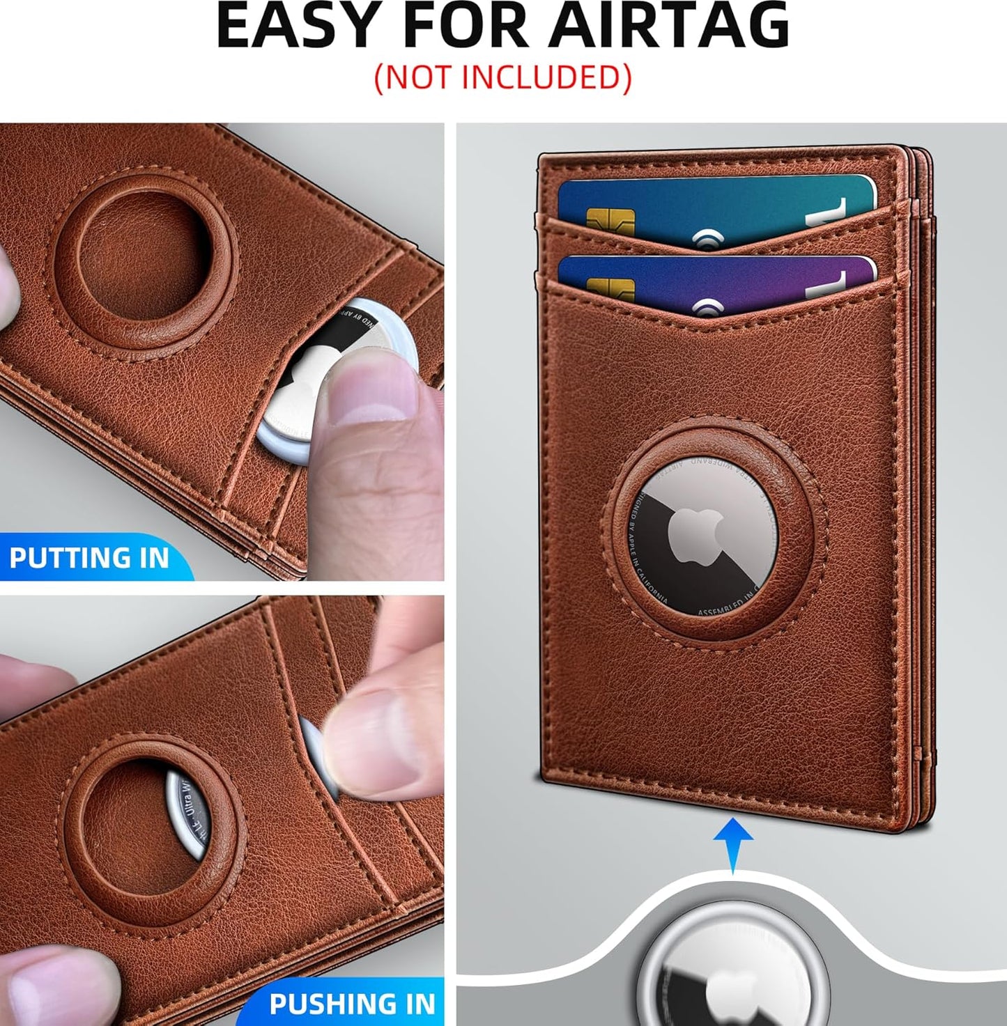 Airtag Wallet for Men- with Money Clip Gift Boxed, Magnetic Closure Slim Genuine Leather Front Pocket Wallet, 4.1"x 2.8", RFID Blocking