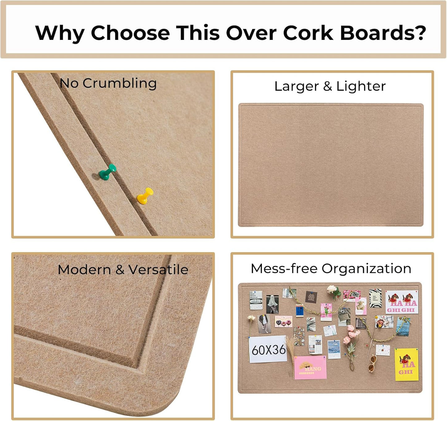 Foldable Large Felt Bulletin Board for Wall 48"x 36", Decorative Picture Framed Display Board with Self-Adhesive Tape for School, Home, Kitchen & Office Walls, Includes 30 Pins, Oatmeal