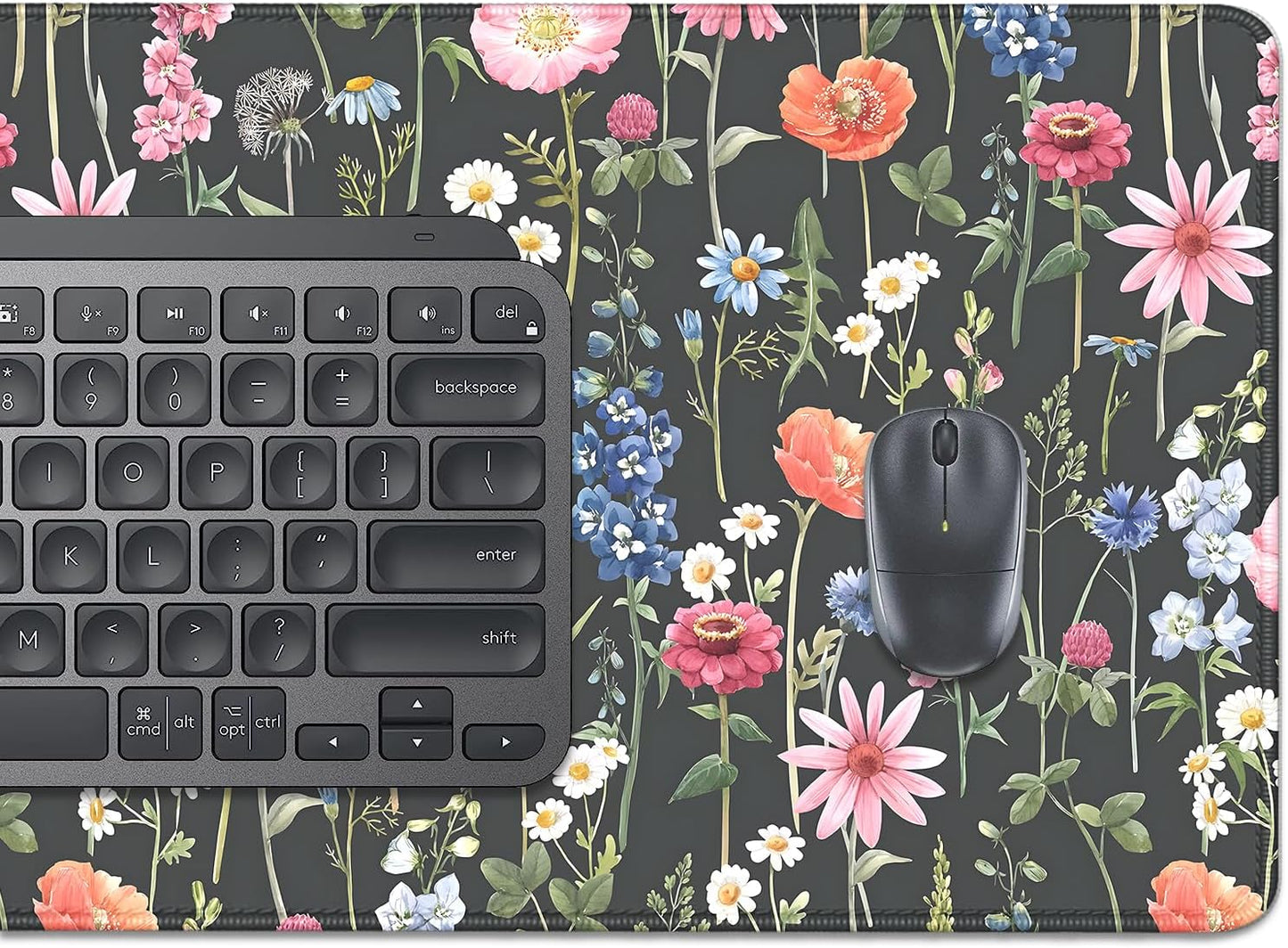 Black Background Watercolor Flowers Desk Pad Mouse Pad,Large Floral Mouse Mat with Stitched Edges,Non-Slip Rubber Base Mousepad for Office PC Keyboard Laptop and Home Work Desk Mat(27.5X11.8 in)