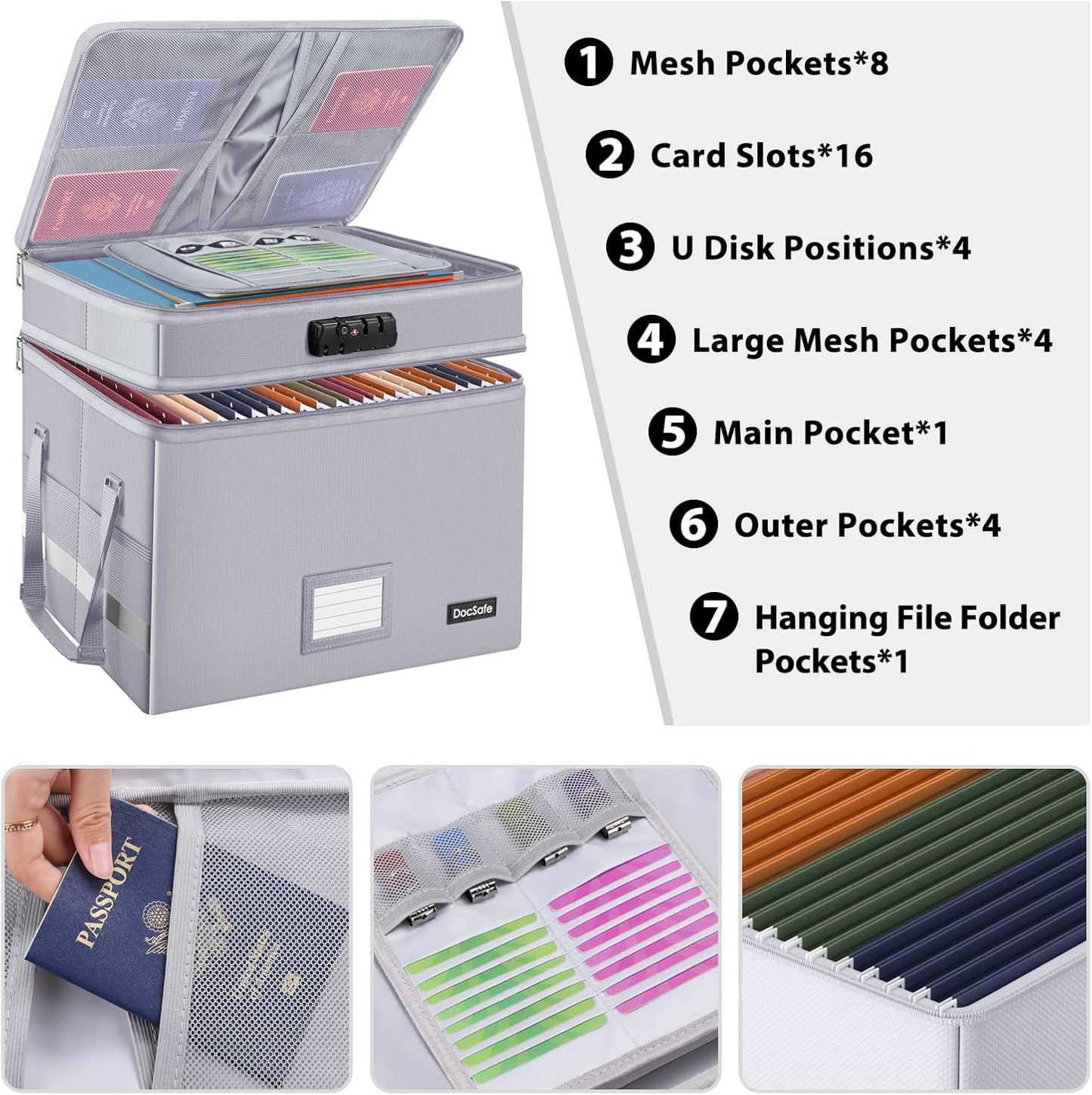 DocSafe File Box with Lock,Multi-Layer Fireproof Document Box Collapsible File Storage Organizer with Pocket,Large Portable Home Office Filing Cabinet Safe for Hanging Letter/Legal Size Folder,Silver