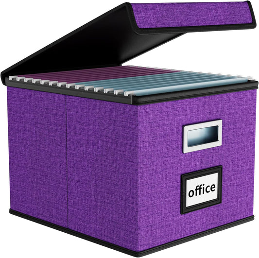 Huolewa File Organizer Box with Lid, Collapsible File Folder Organizer for Office Document Storage, Filing Box with Plastic Slide for Letter/Legal Size Hanging Files, Purple