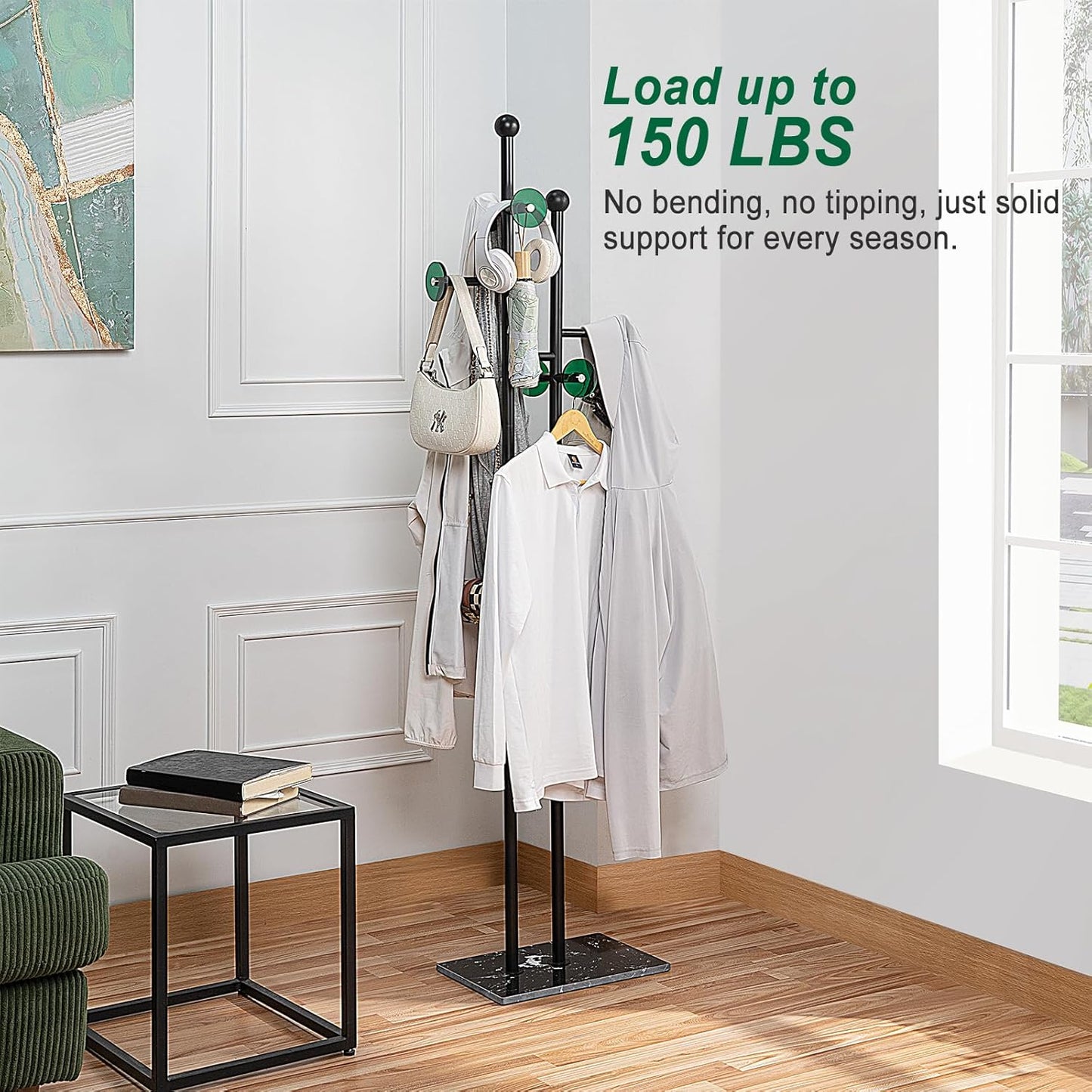 Free Standing Coat Rack with Marble Base & 8 Hooks Heavy Duty Clothes Rack for Entryway Bedroom Living Room Hotel 14.96 x 10.24 x 68.9 Inches (Black)
