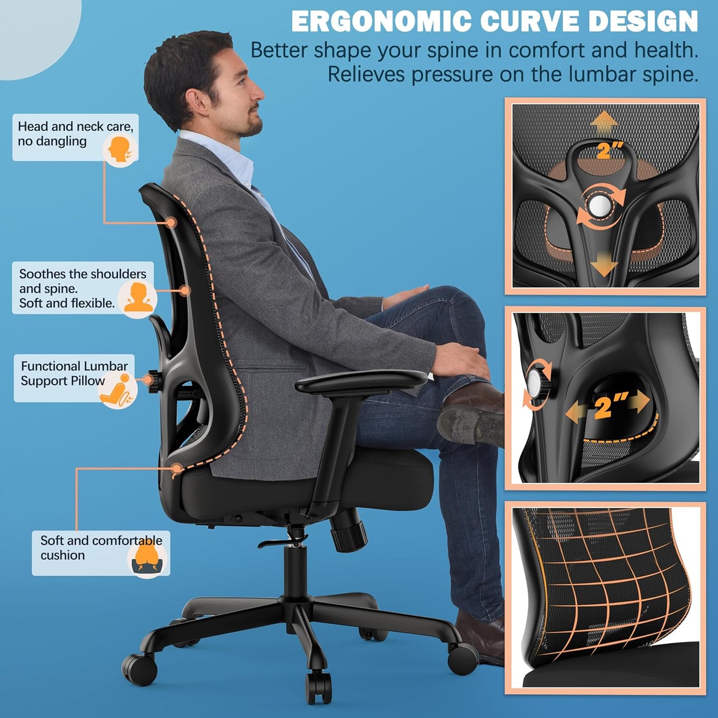 ELABEST Ergonomic Office Chair,Home Desk Chair with Mesh Back,Adjustable Lumbar Support,Built-in Springs Wide Seat,Executive Task Chair with 3-D Big Armrests,Tilt Function,Computer Desk Chair
