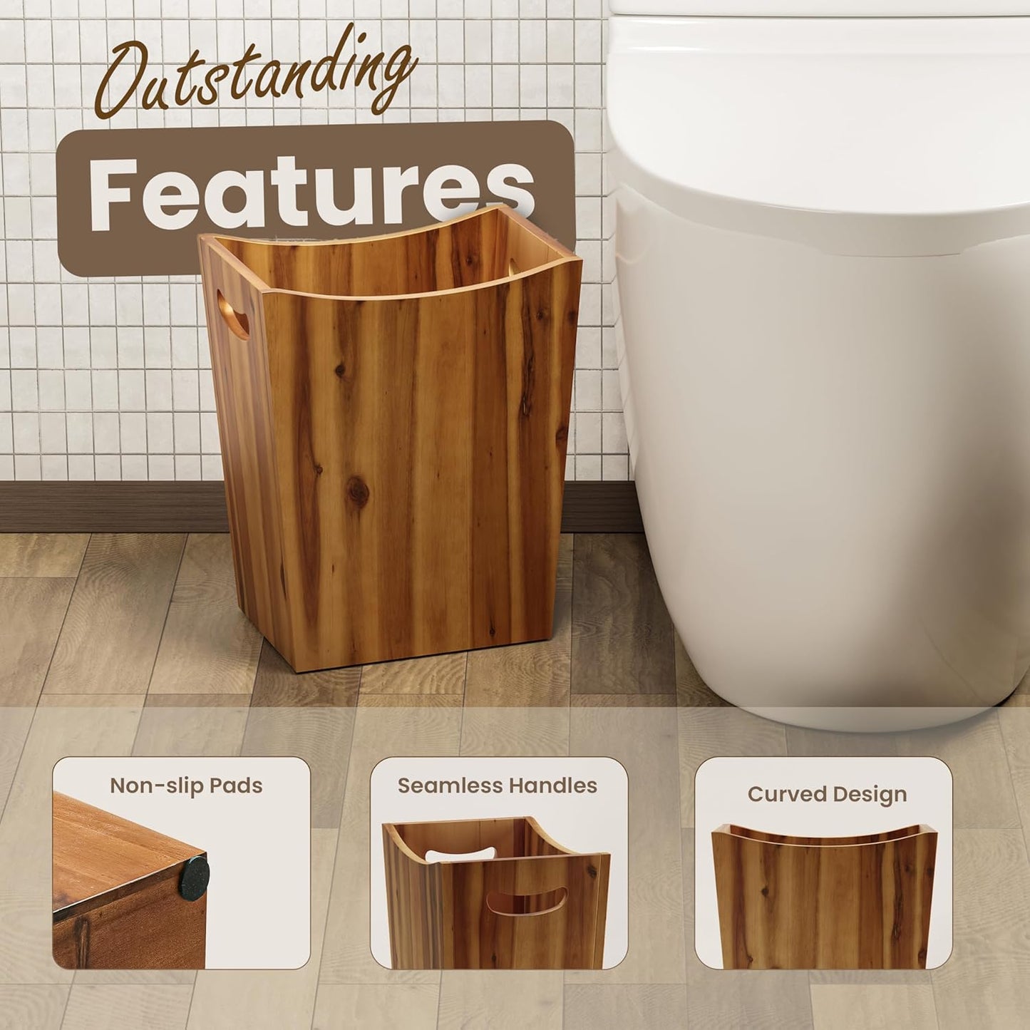 2 Gallon Acacia Wooden Bin, Wastebasket – Small Trash Can, Decorative Bathroom Trash Can, Waste Basket for Bedroom, Office Garbage Can, Wood Bathroom Accessories, Boho Bedroom Decor