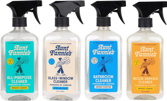 Aunt Fannie's Cleaning Spray Variety Pack, Lemon All Purpose Vinegar, Glass & Window, Bathroom, and Wood Surface Cleaner, 16.9 oz each, Pack of 4