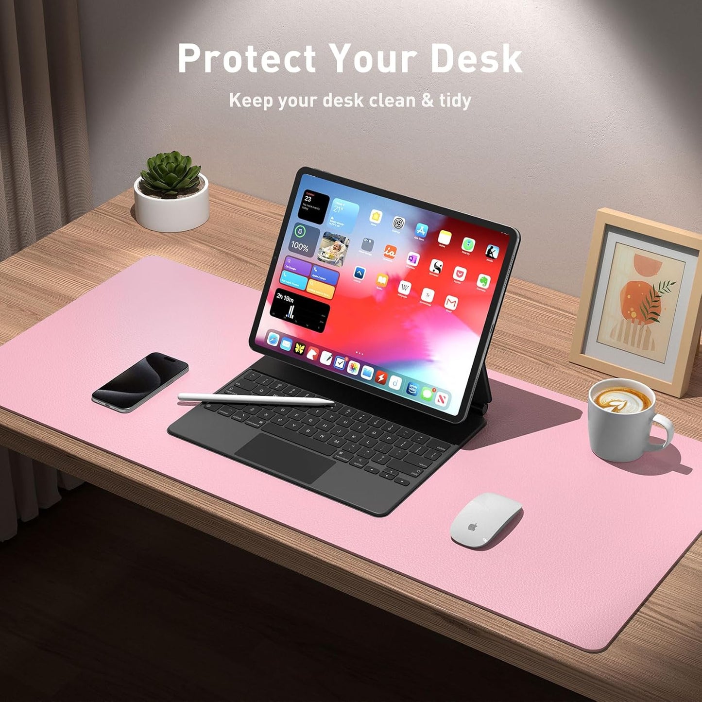Aothia Leather Desk Pad Protector, Office Desk Mat, Large Mouse Pad, Non-Slip PU Leather Desk Blotter, Laptop Desk Pad, Waterproof Desk Writing Pad for Office and Home (48"x17", Fairy Pink)