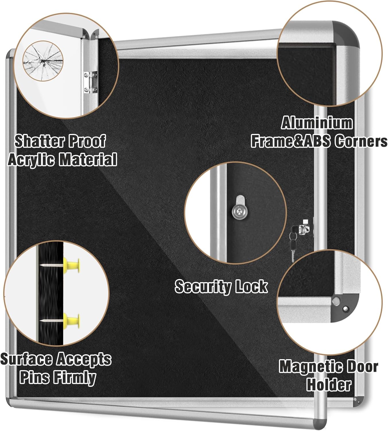 38"x38" Enclosed Bulletin Board, Lockable Weather-Resistant Aluminum Cork Noticeboard for School & Office, Silver Frame w/Black Flet